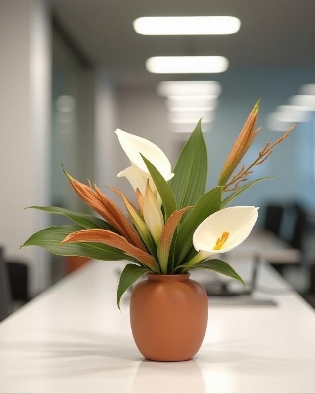 Modernes Blumenarrangement für ein Büro in erdigen Tönen