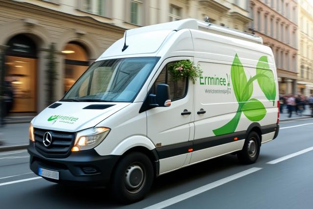 Lieferwagen mit Ermine Leaf Logo, der schnell Blumen liefert, mit unscharfem Stadthintergrund